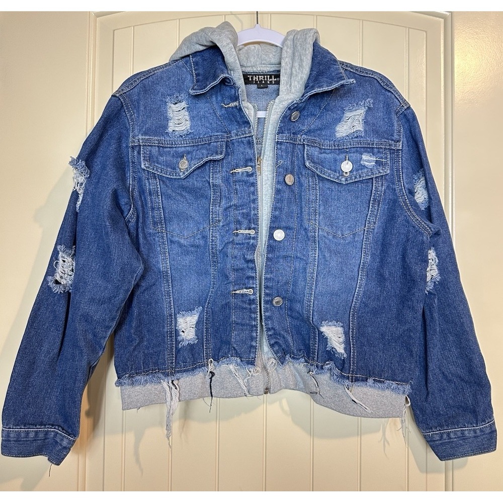 Thrill Jeans hooded jean Jacket Women Large Blue Denim Distressed Streetwear
